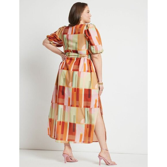 Geometric Print Puff Sleeve Maxi Dress With Belt By Eloquii - Picture 3 of 9